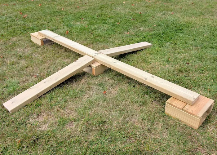 Balance Set of wooden planks and boxes to create balance beams