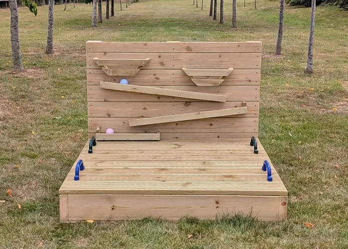 Wooden constructed Sandpit & Ball Wall for kids social play